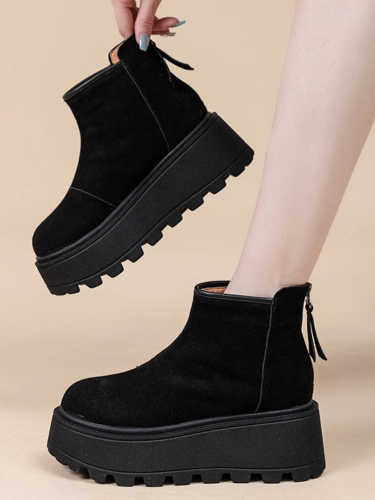 Fujin 7cm Suede Cow Genuine Leather Snow Boots Women Ankle Booties Platform Wedge Winter Plush Chelsea Boots Shoes for Women