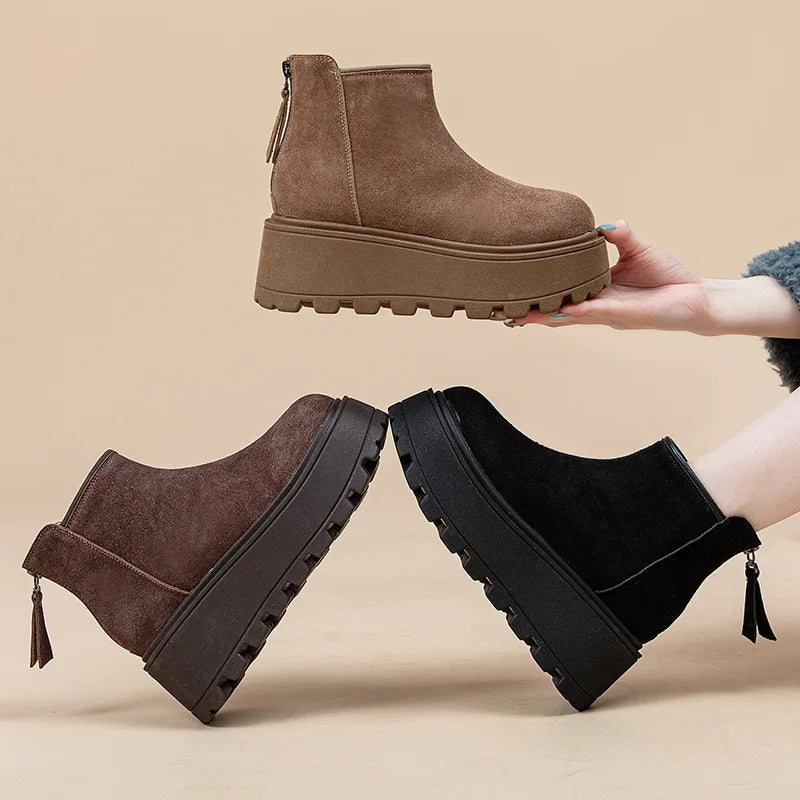 Fujin 7cm Suede Cow Genuine Leather Snow Boots Women Ankle Booties Platform Wedge Winter Plush Chelsea Boots Shoes for Women