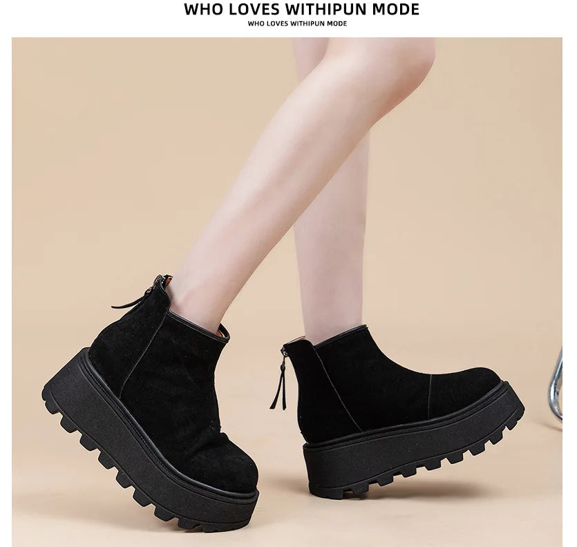 Fujin 7cm Suede Cow Genuine Leather Snow Boots Women Ankle Booties Platform Wedge Winter Plush Chelsea Boots Shoes for Women