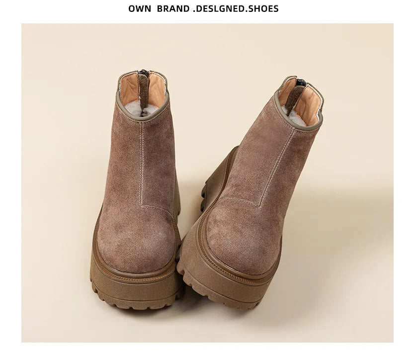 Fujin 7cm Suede Cow Genuine Leather Snow Boots Women Ankle Booties Platform Wedge Winter Plush Chelsea Boots Shoes for Women