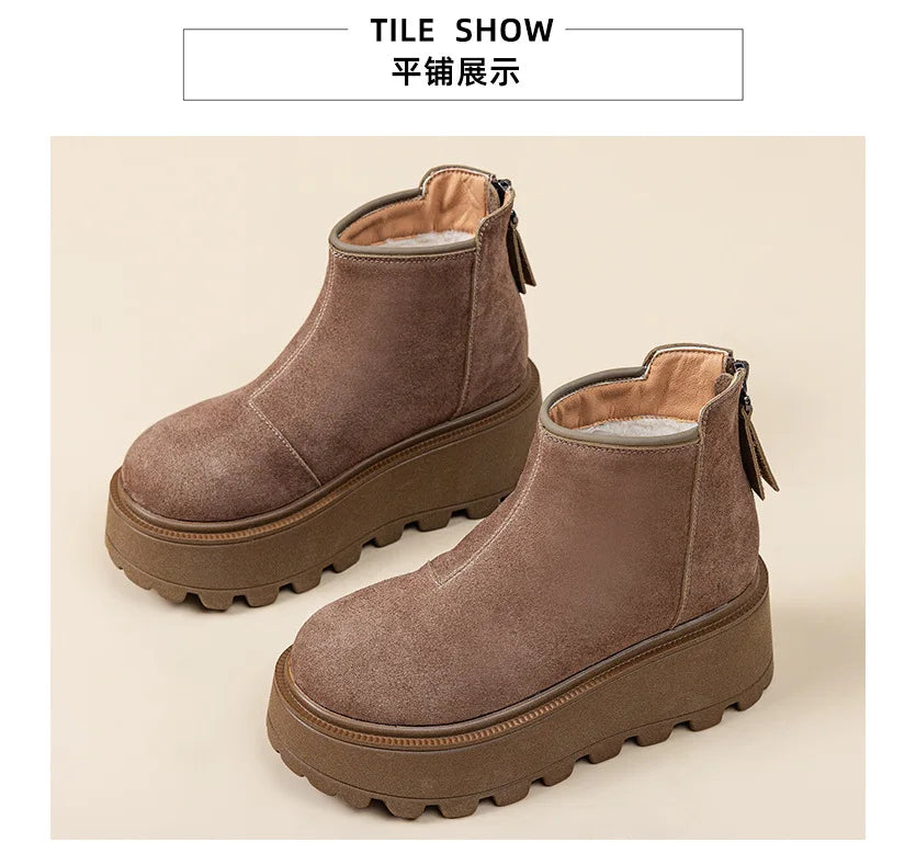Fujin 7cm Suede Cow Genuine Leather Snow Boots Women Ankle Booties Platform Wedge Winter Plush Chelsea Boots Shoes for Women