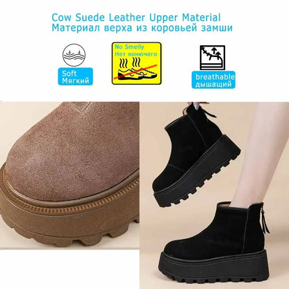 Fujin 7cm Suede Cow Genuine Leather Snow Boots Women Ankle Booties Platform Wedge Winter Plush Chelsea Boots Shoes for Women