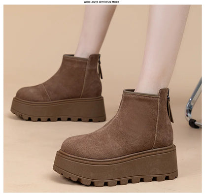 Fujin 7cm Suede Cow Genuine Leather Snow Boots Women Ankle Booties Platform Wedge Winter Plush Chelsea Boots Shoes for Women