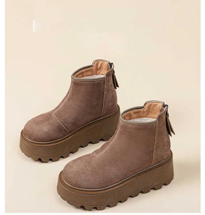 Fujin 7cm Suede Cow Genuine Leather Snow Boots Women Ankle Booties Platform Wedge Winter Plush Chelsea Boots Shoes for Women