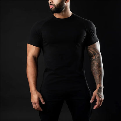Plain Gym T-shirt Men Summer Fitness Clothing O-Neck Short Sleeve T shirt Cotton Slim Fit Tshirt Bodybuilding Workout Tees Tops
