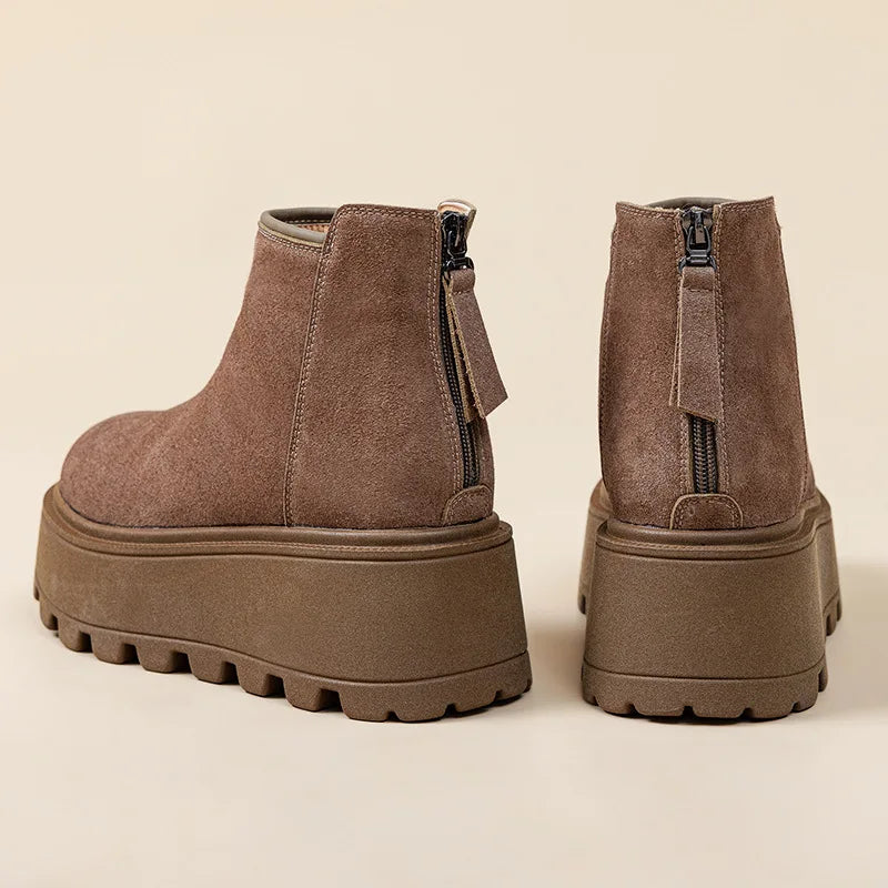 Fujin 7cm Suede Cow Genuine Leather Snow Boots Women Ankle Booties Platform Wedge Winter Plush Chelsea Boots Shoes for Women