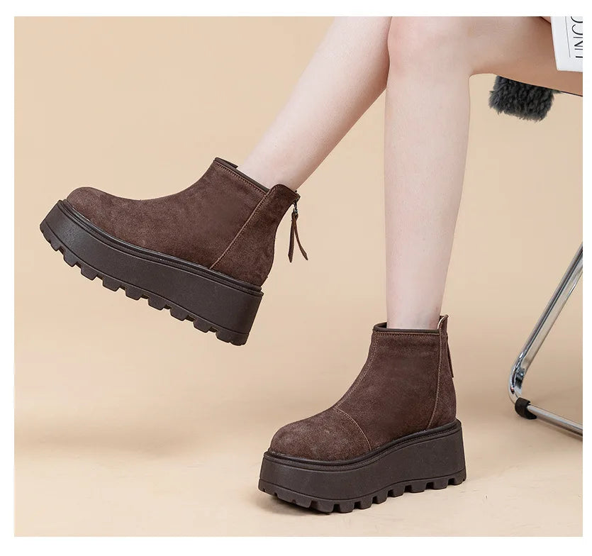 Fujin 7cm Suede Cow Genuine Leather Snow Boots Women Ankle Booties Platform Wedge Winter Plush Chelsea Boots Shoes for Women